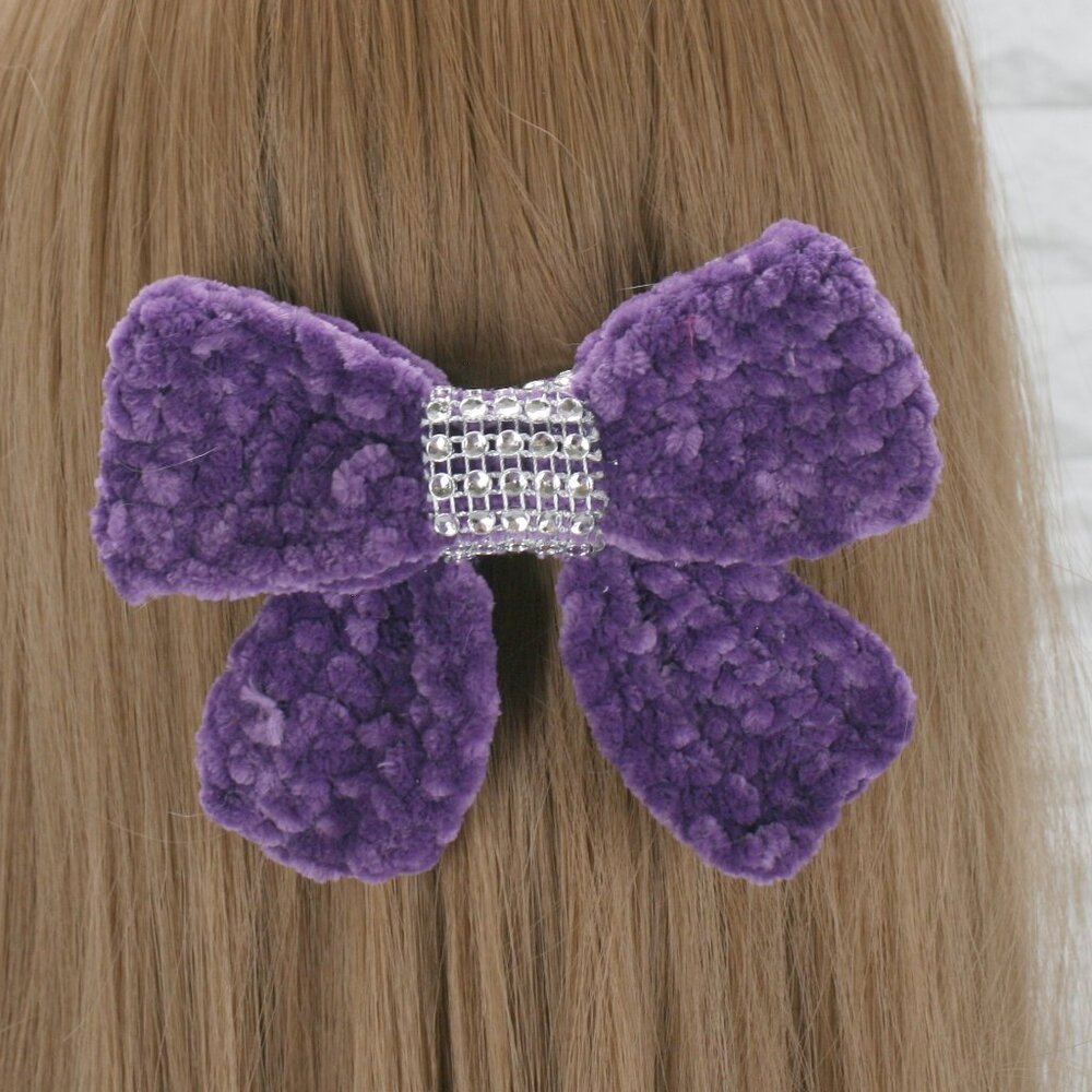 HAND CRAFTED Crochet Bow Chenille Velvet Hair Barrette Oversized Bling Purple